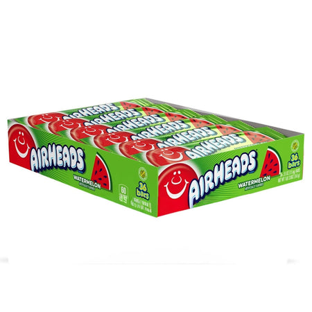 Airheads Watermelon Candy Bars bulk pack of 36 individually wrapped bars, angled view