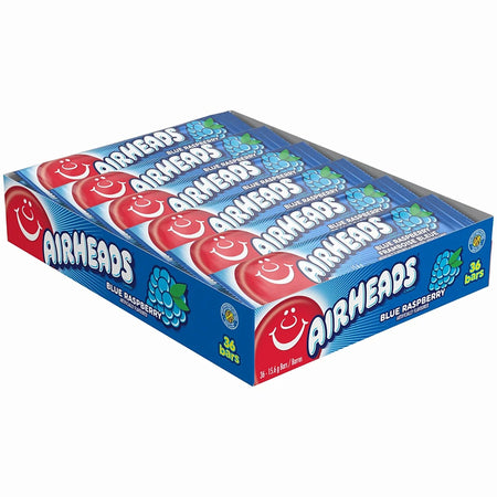 Airheads Blue Raspberry Candy Bars 36-pack bulk box angle view