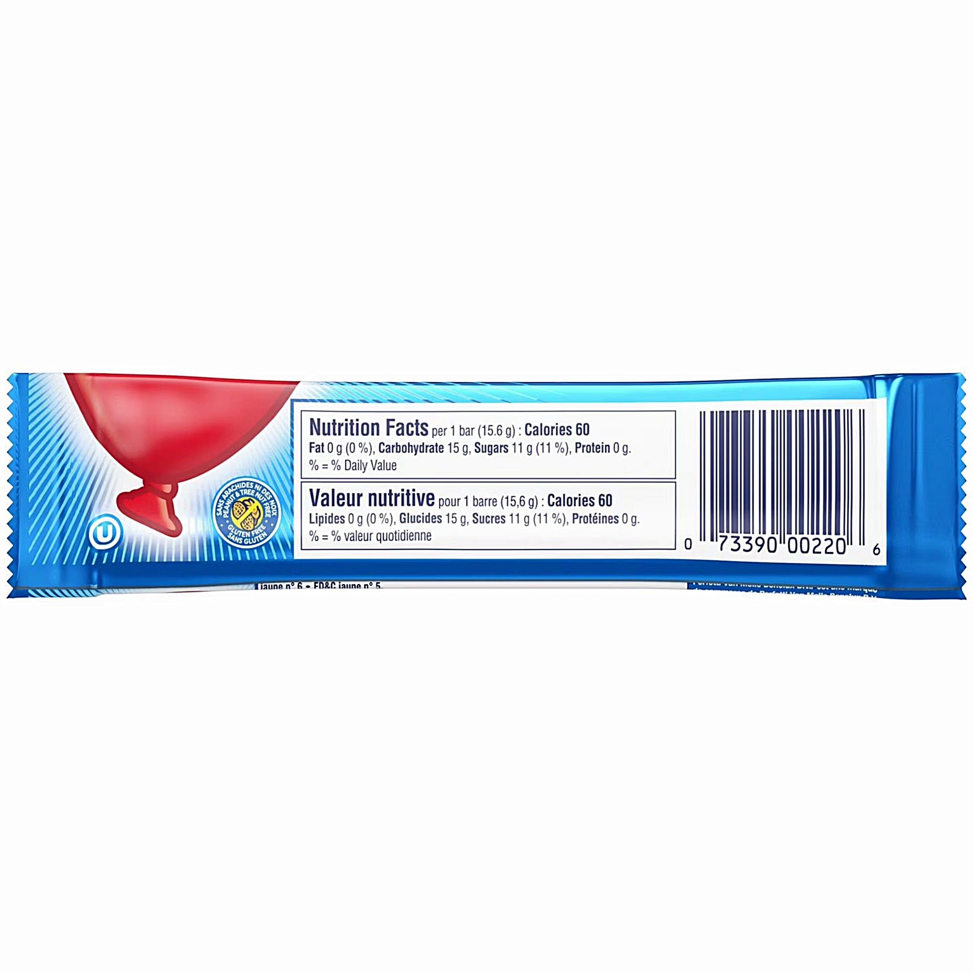 Airheads Blue Raspberry Taffy Bar back of wrapper 15.6g individually wrapped