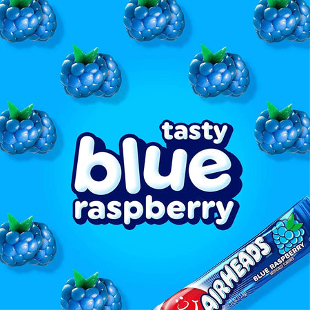 Airheads Blue Raspberry chewy taffy candy bar close-up bold blue raspberry flavor