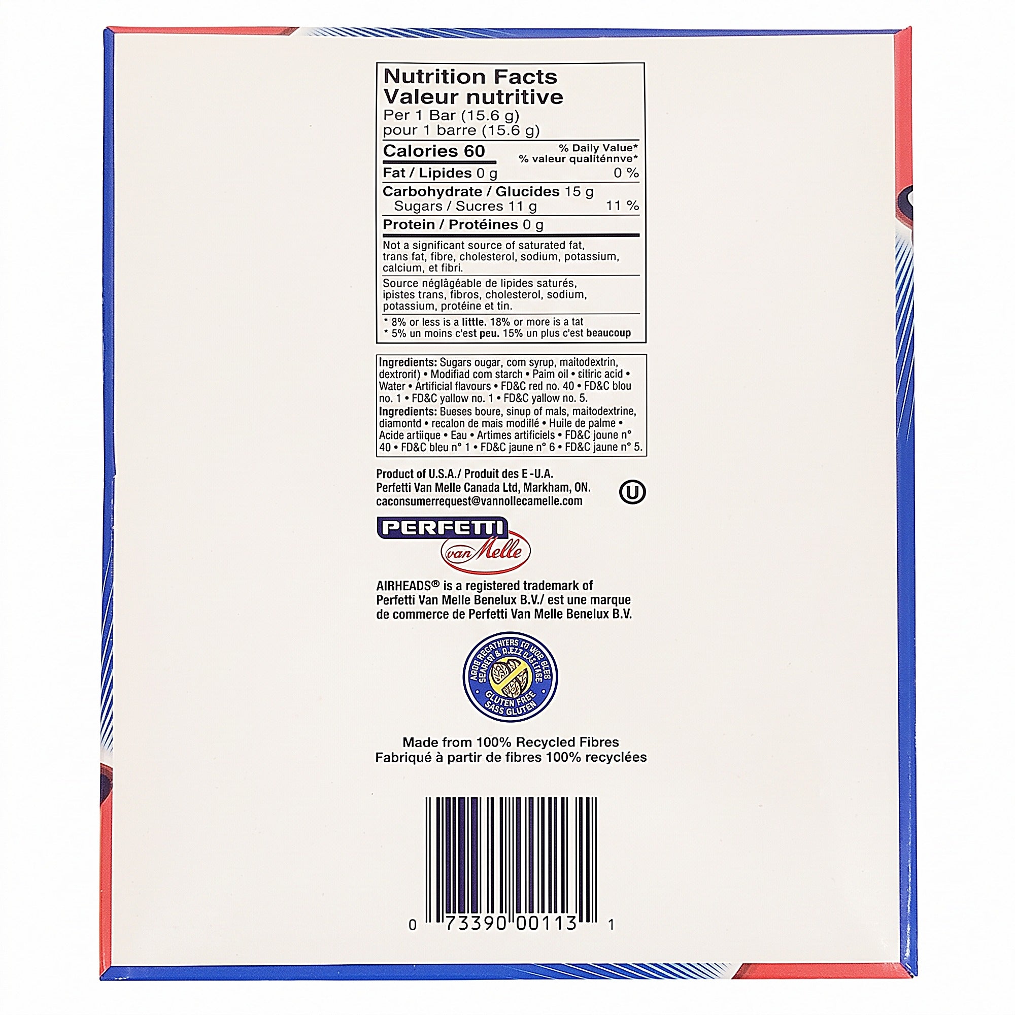 Airheads Blue Raspberry Candy Bars UPC barcode 073390001131 36-pack