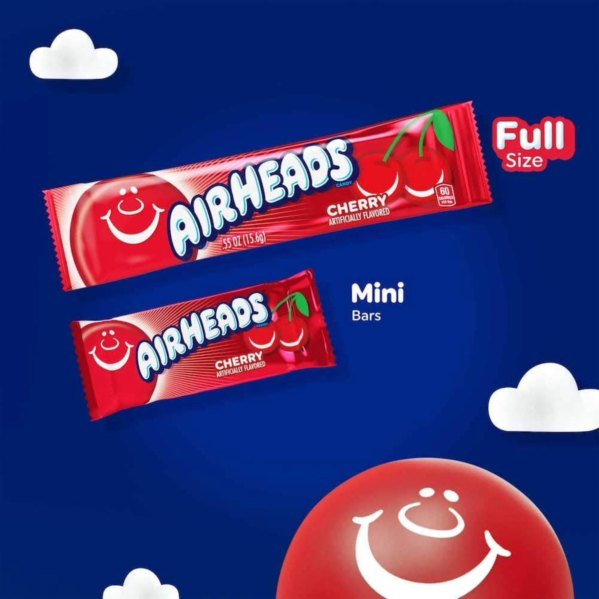 Airheads Cherry candy bars shown in two bar sizes comparison