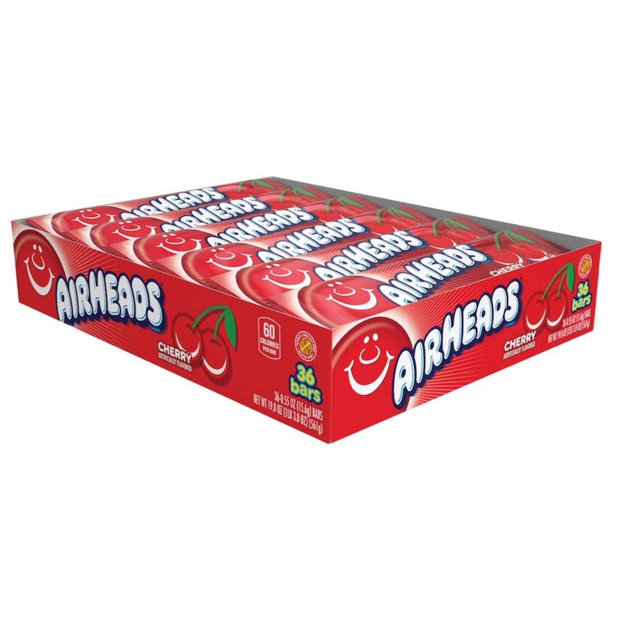 Airheads Cherry Candy Bars bulk pack of 36 individually wrapped bars, angled view