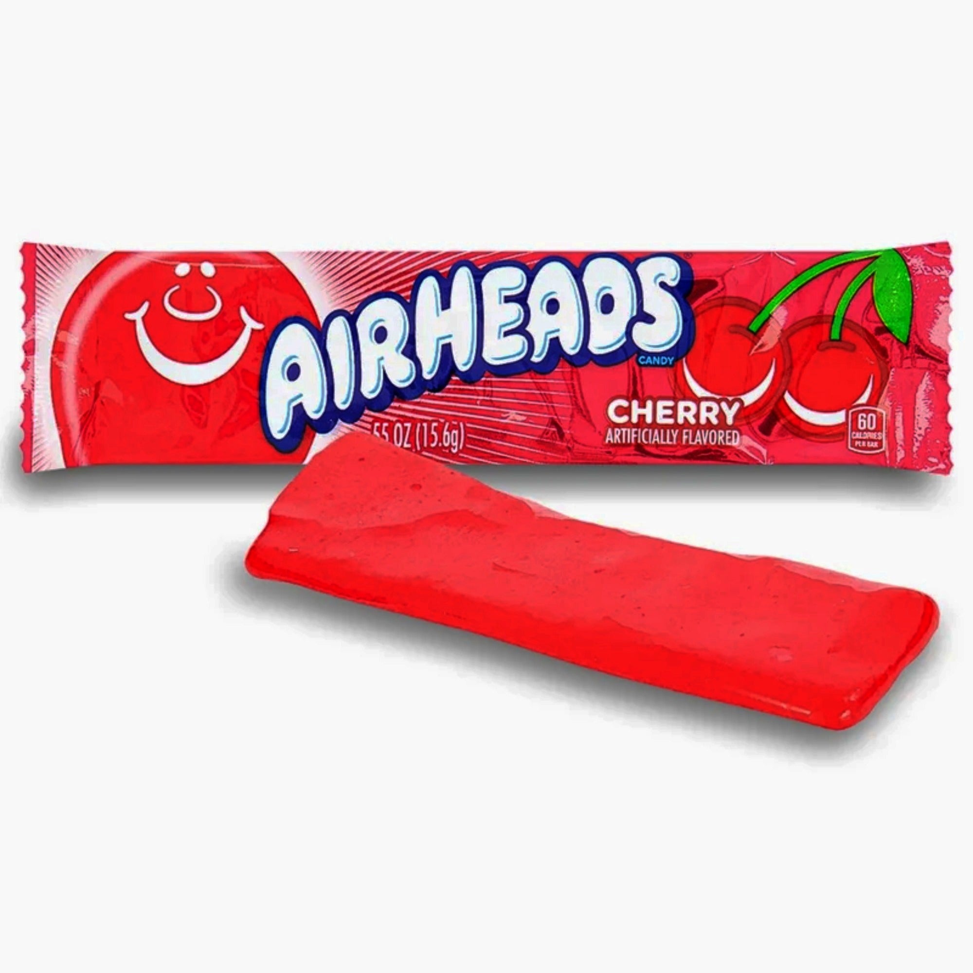 Airheads Cherry taffy candy bar unwrapped showing bold red cherry flavor