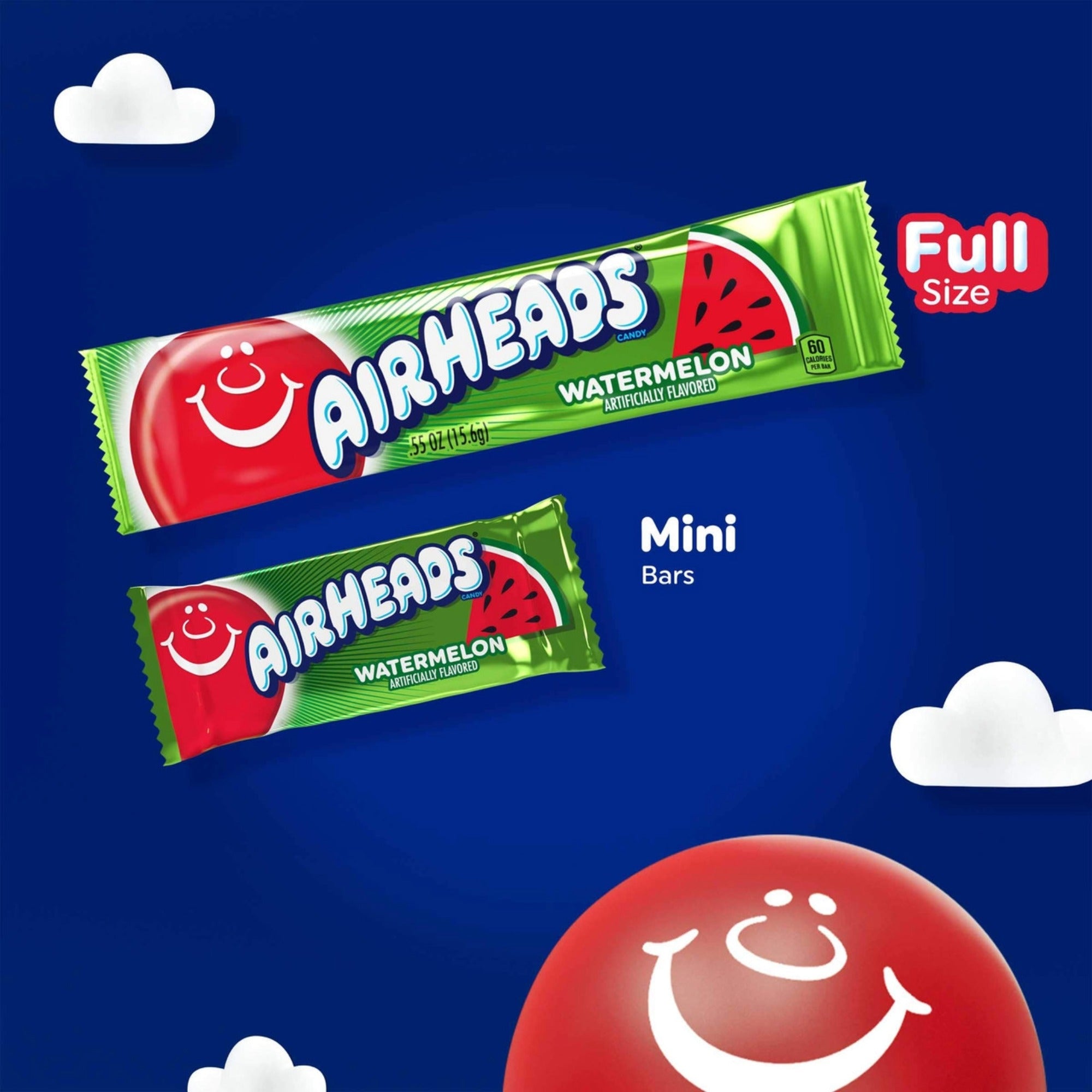 Airheads Watermelon candy bars shown in two bar sizes comparison