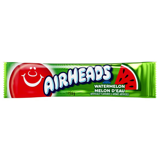 Airheads Watermelon individually wrapped candy bar front view, 15.6g / 0.55oz