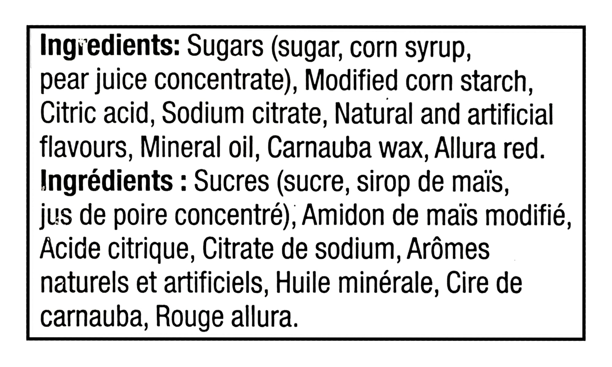 List of ingredients for Allan Big Foot Original Gummy Candy - 2.5kg with a black border