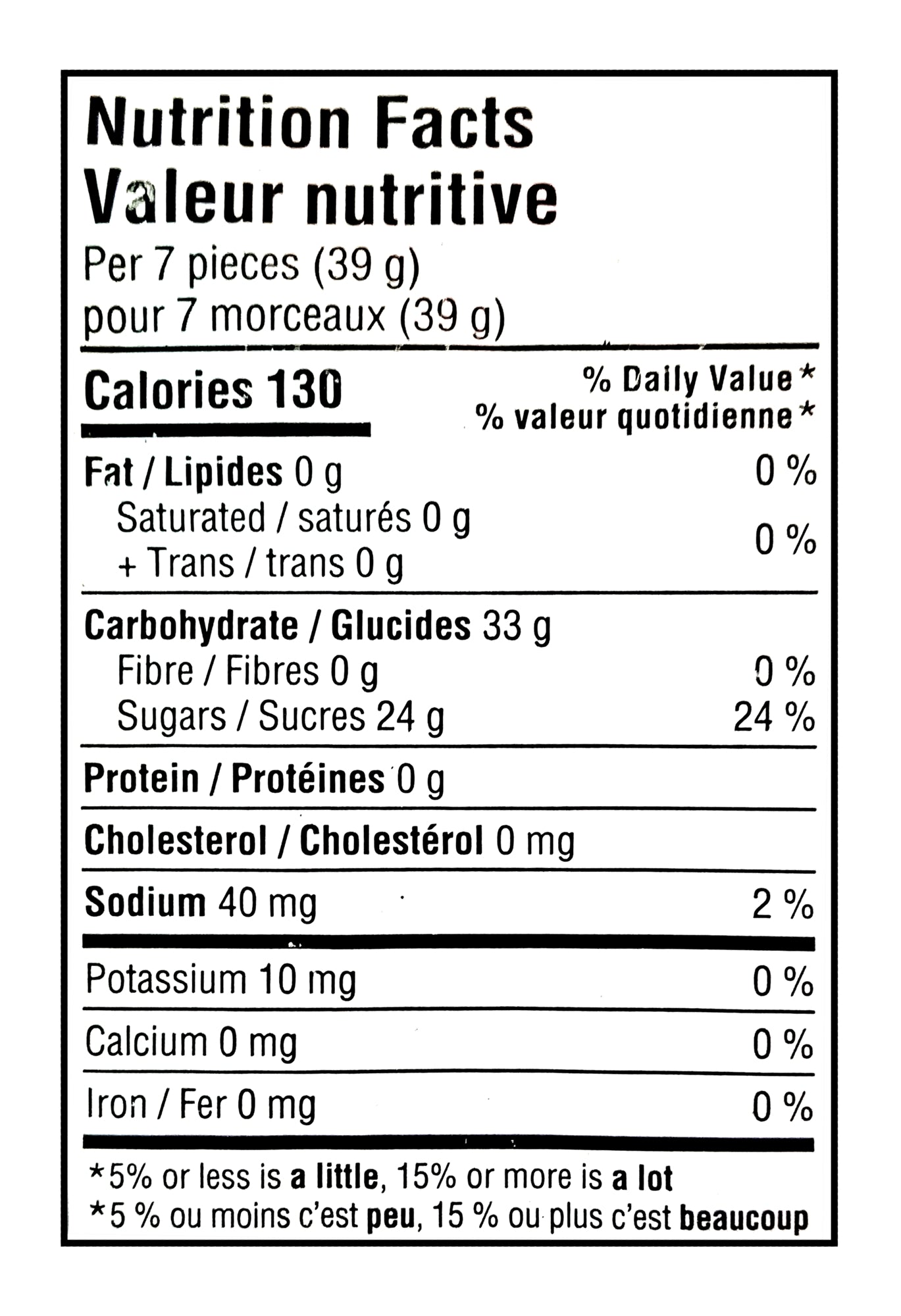 Nutrition facts label for Allan Big Foot Original Gummy Candy - 2.5kg with 130 calories, 33g of carbohydrates, and 24g of sugars per 7 pieces.