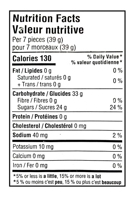 Nutrition facts label for Allan Big Foot Original Gummy Candy - 2.5kg with 130 calories, 33g of carbohydrates, and 24g of sugars per 7 pieces.