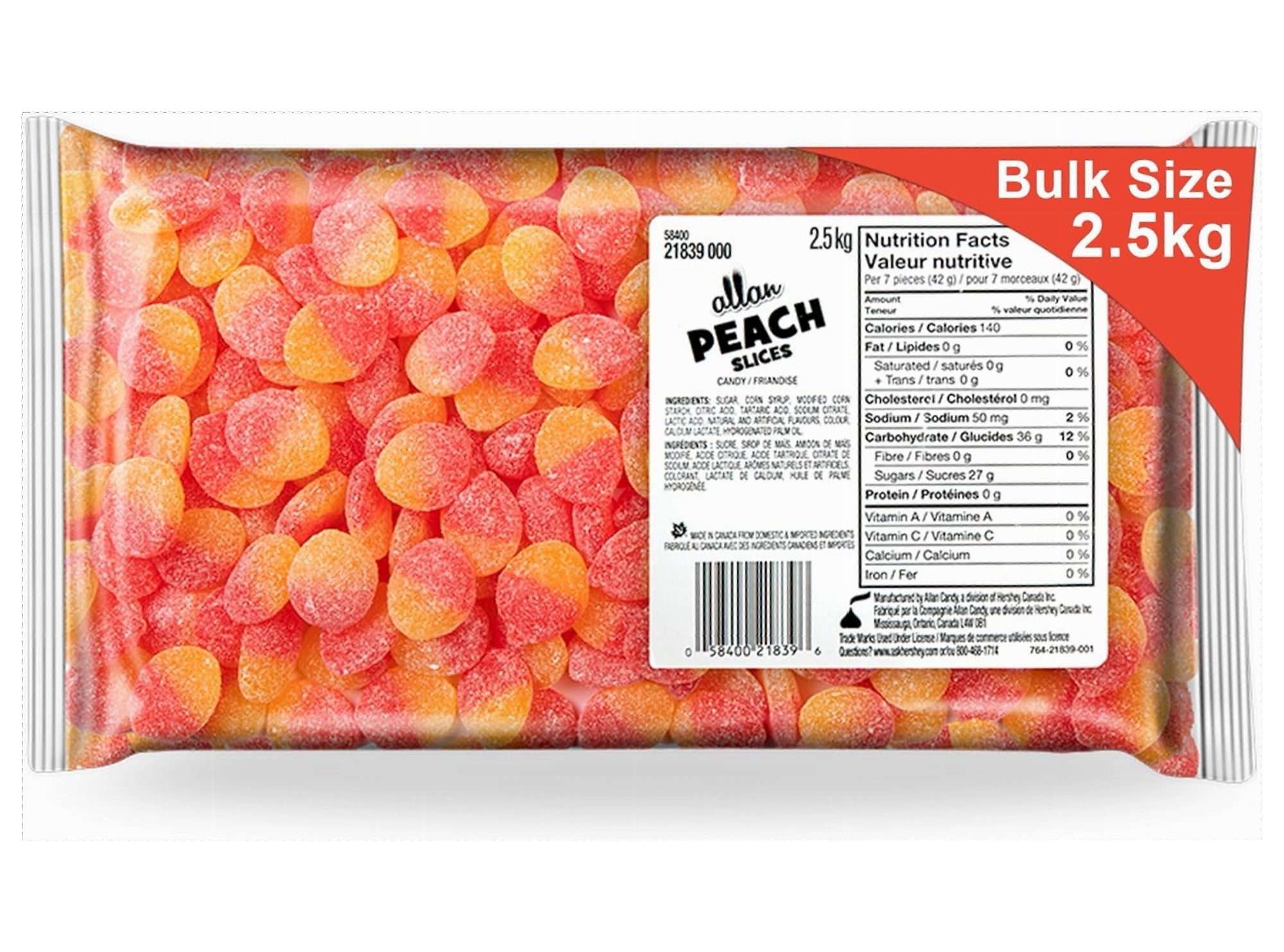Bag of Allan Peach Slices Gummy Candy - 2.5kg on a white background