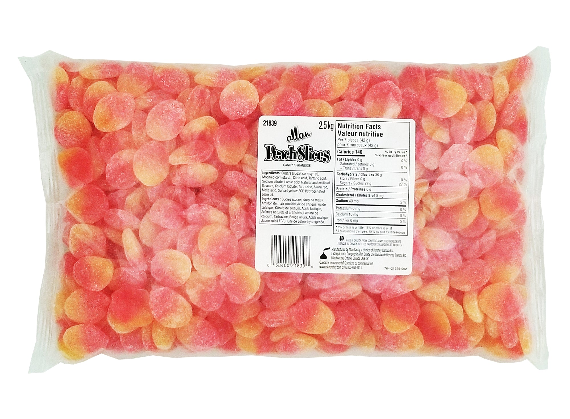 Bag of Allan Peach Slices Gummy Candy - 2.5kg on a white background