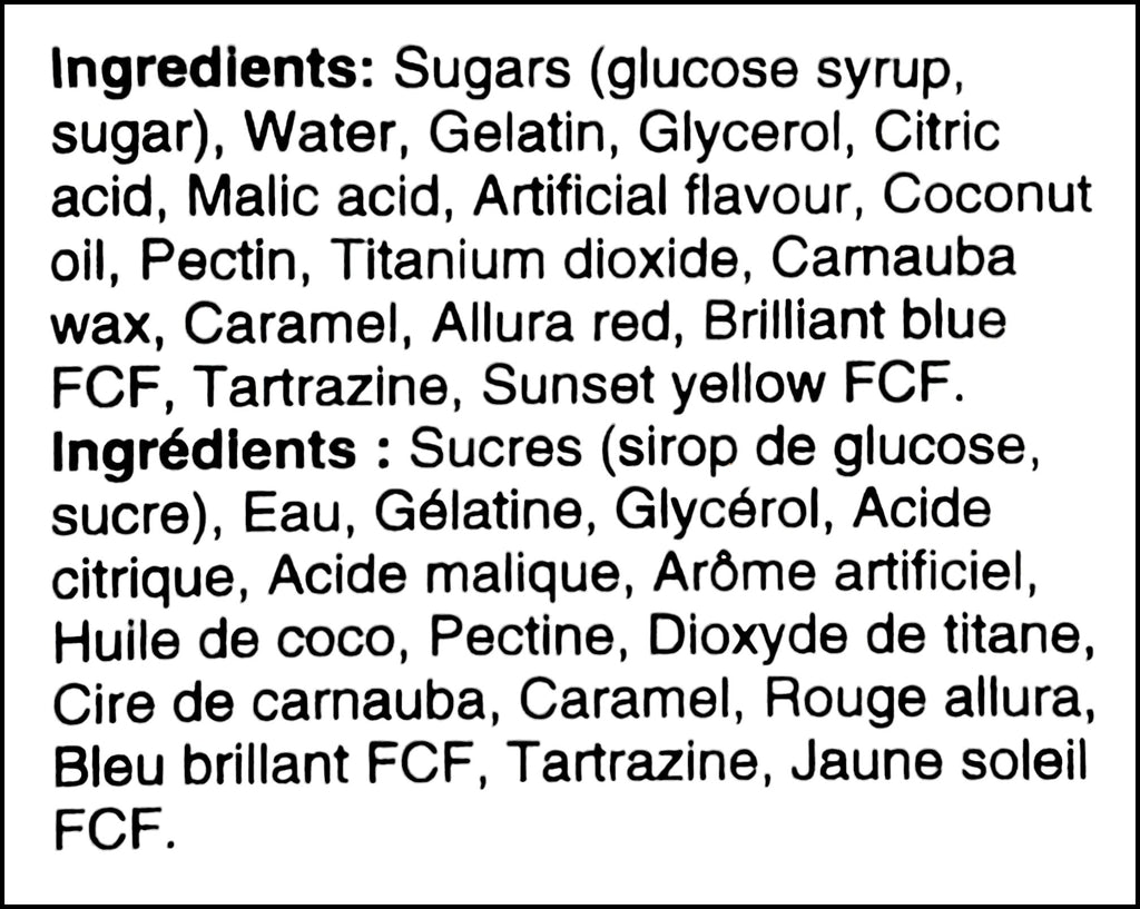 Ingredients label of Amos 4D Gummy Eyeballs, 240g/8.5 oz., Bag