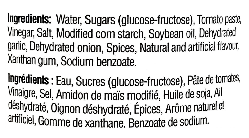 Arby's Sauce, ingredients label