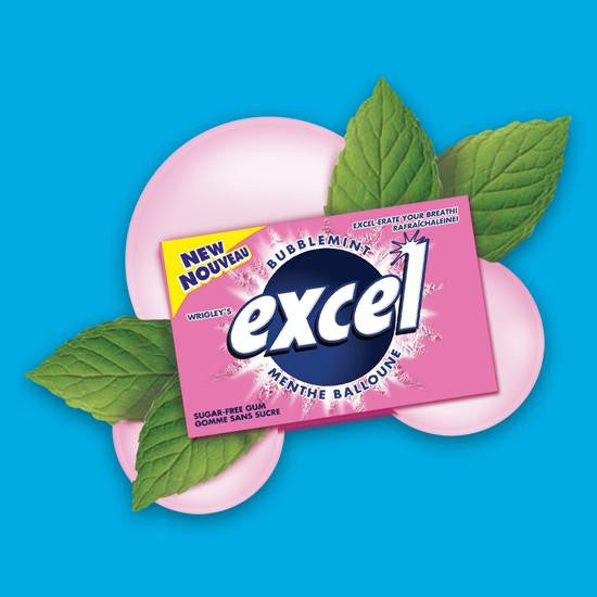 Excel Sugar-Free Gum, Bubblemint, 3 packets of 18 pieces, (Imported from Canada)