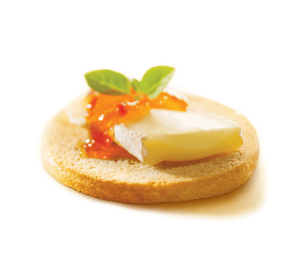 Boulangerie Grissol Melba Canape, Sesame, 150g, canape slice dressed up with cheese and jam.