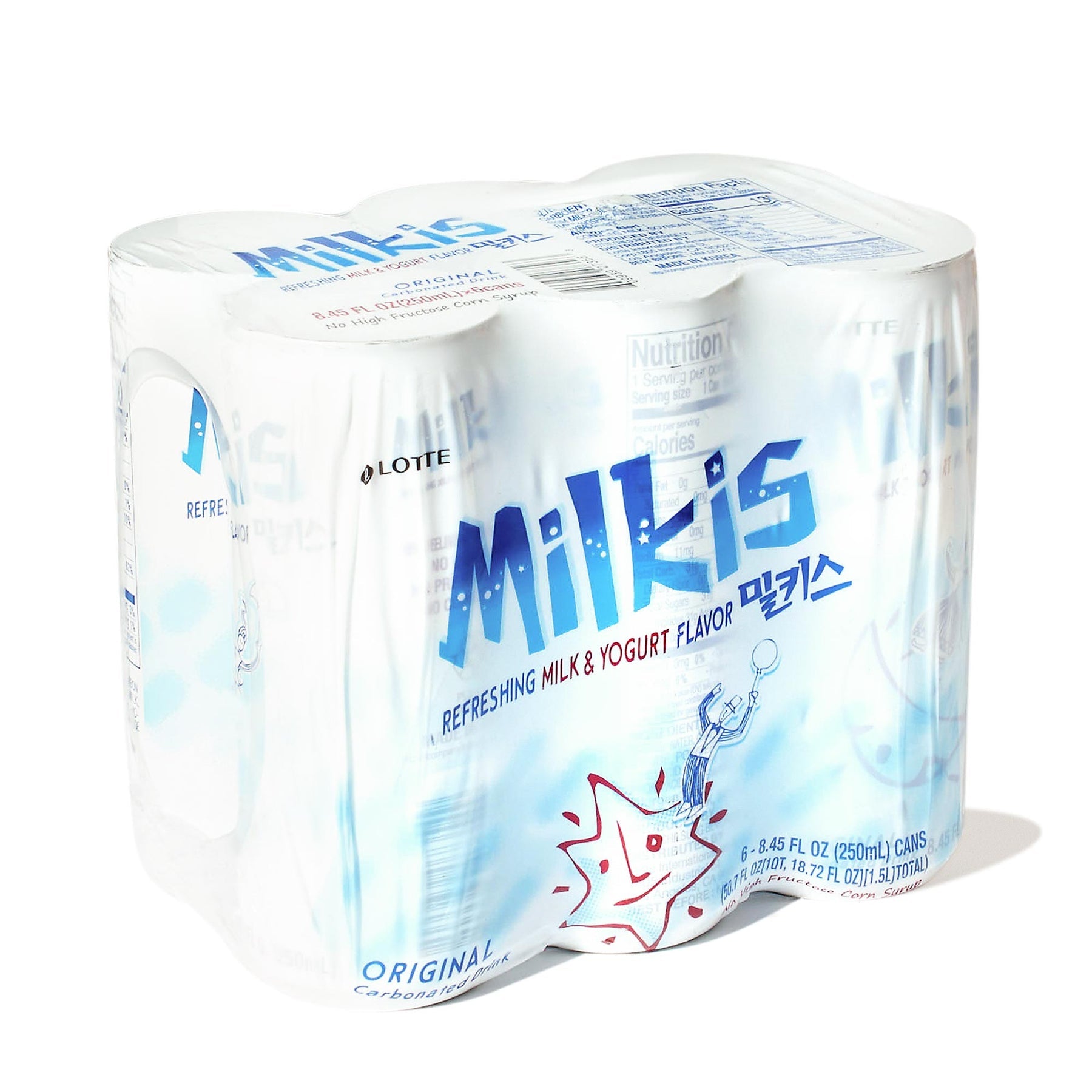 Lotte Milkis Refreshing Milk & Yogurt Flavor, Original Carbonated Drink, (6x250ml), 1.5L/53 oz., Package, side of package.