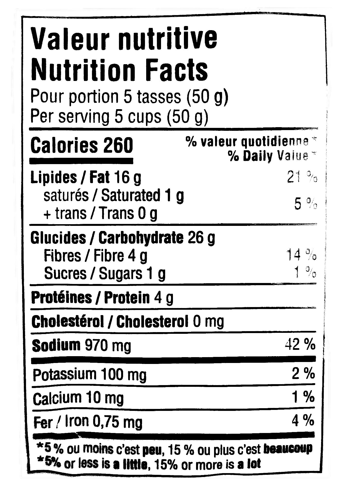 Bad Monkey Nacho Cheese Popcorn, 300g, nutrition facts label.