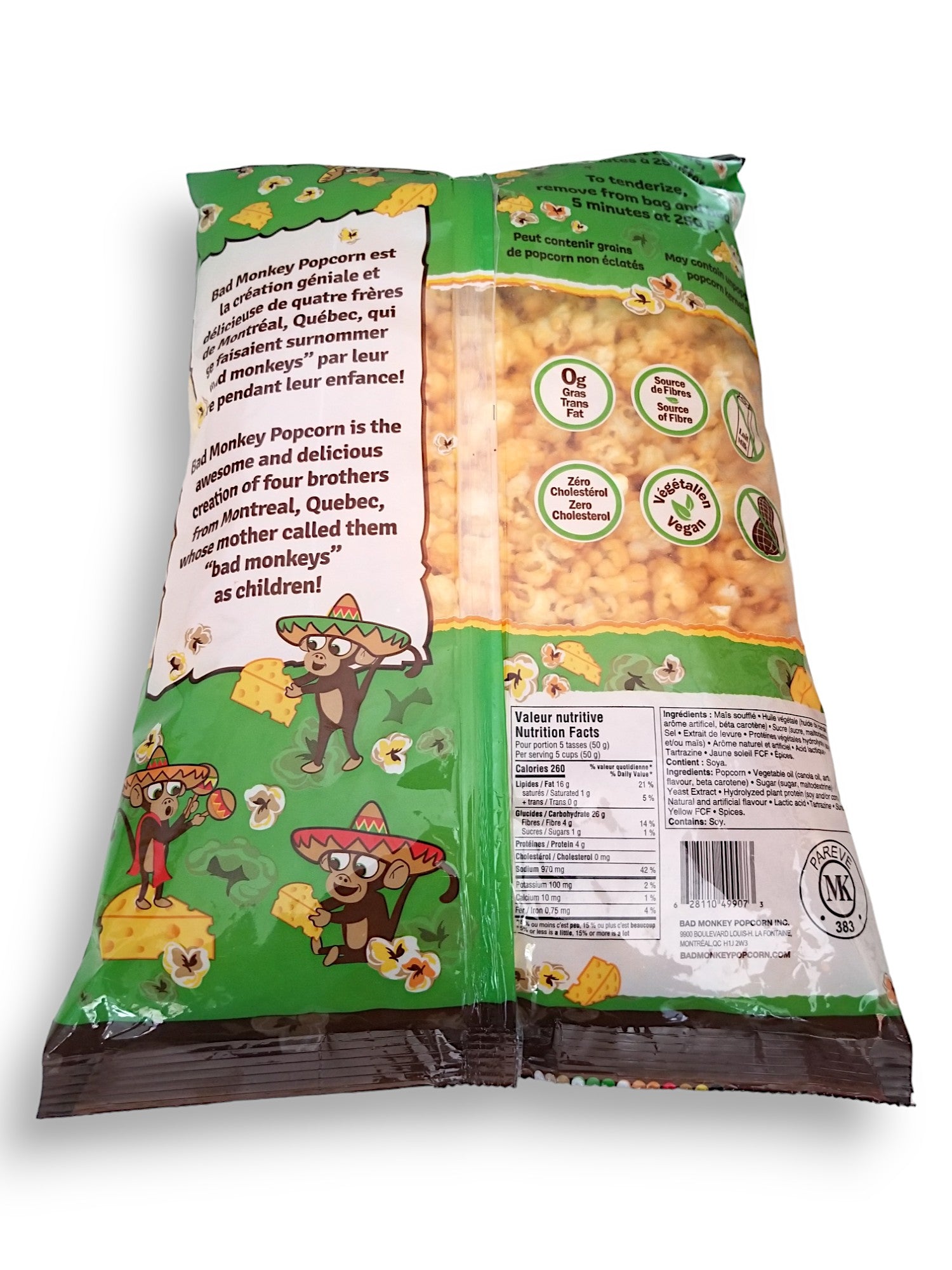 Bad Monkey Nacho Cheese Popcorn, 300g, bottom of bag.