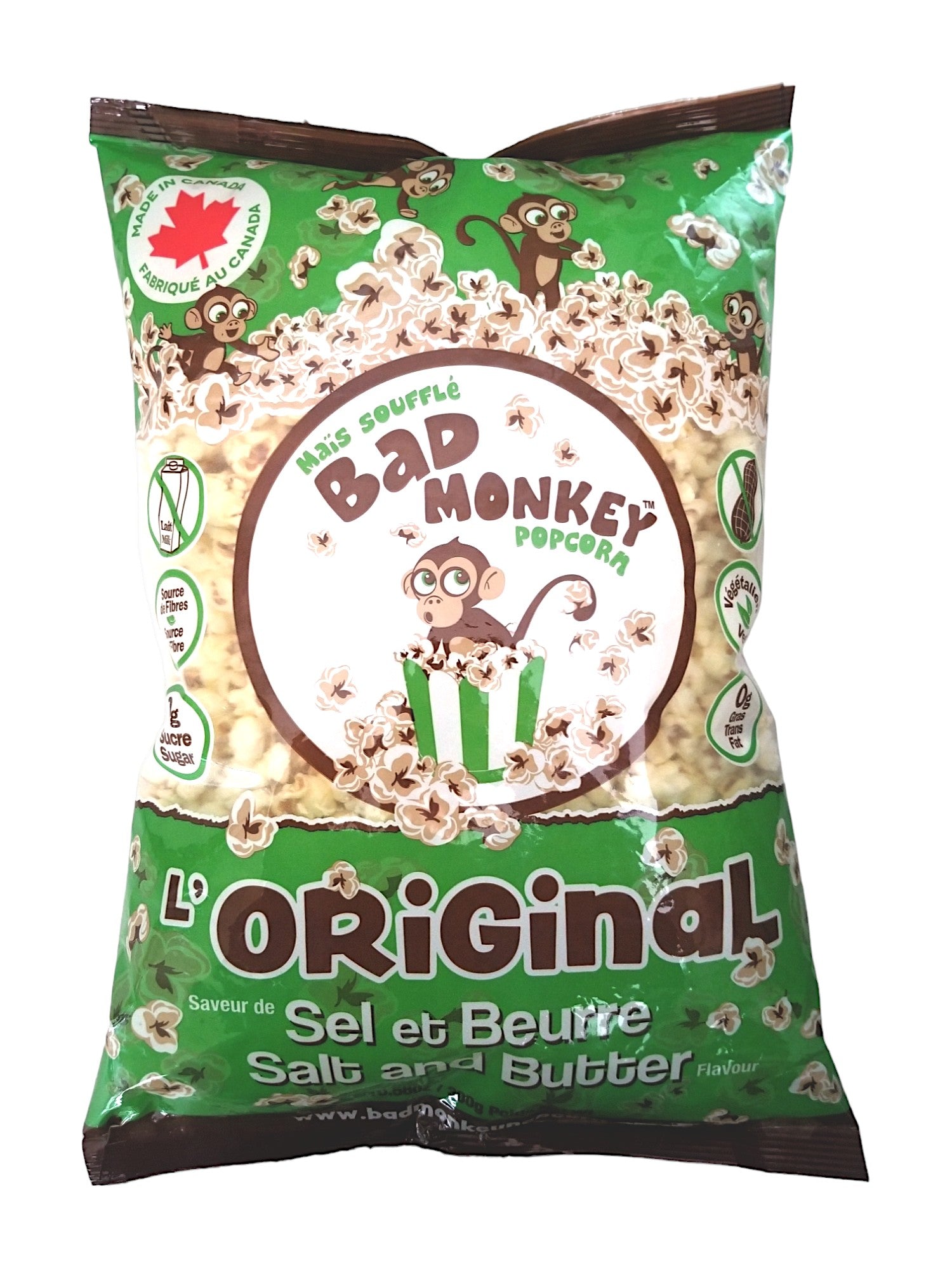Bad Monkey L' Original Salt and Butter Popcorn, 300g, front of bag.