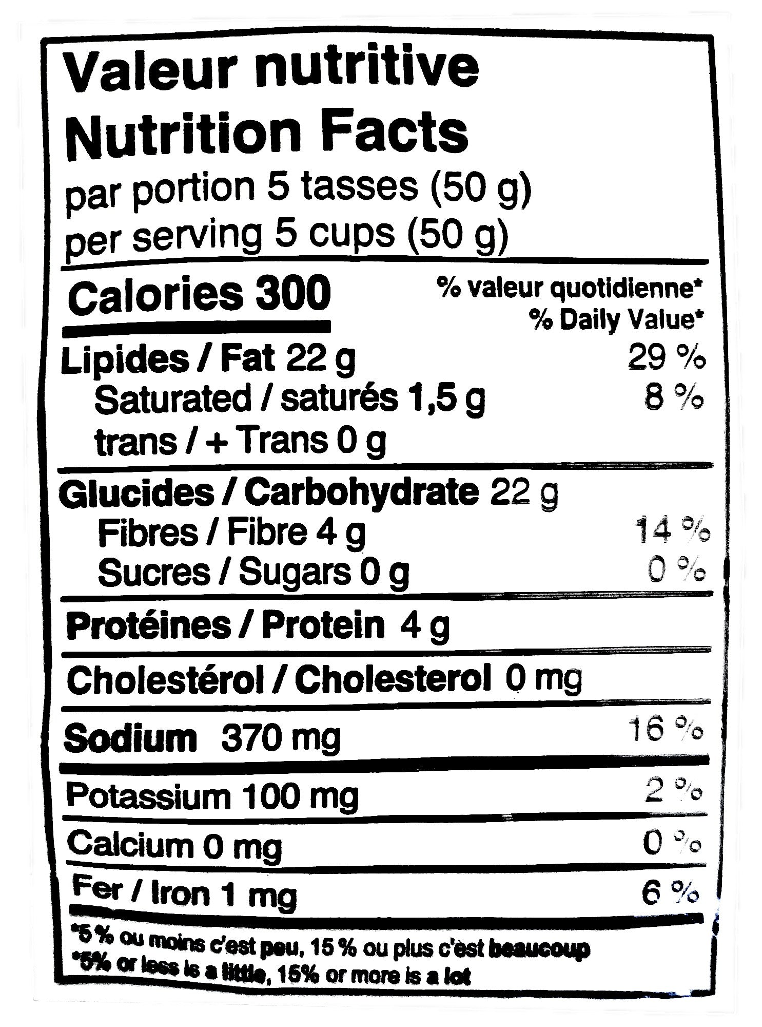 Bad Monkey L' Original Salt and Butter Popcorn, 300g, nutrition facts label.