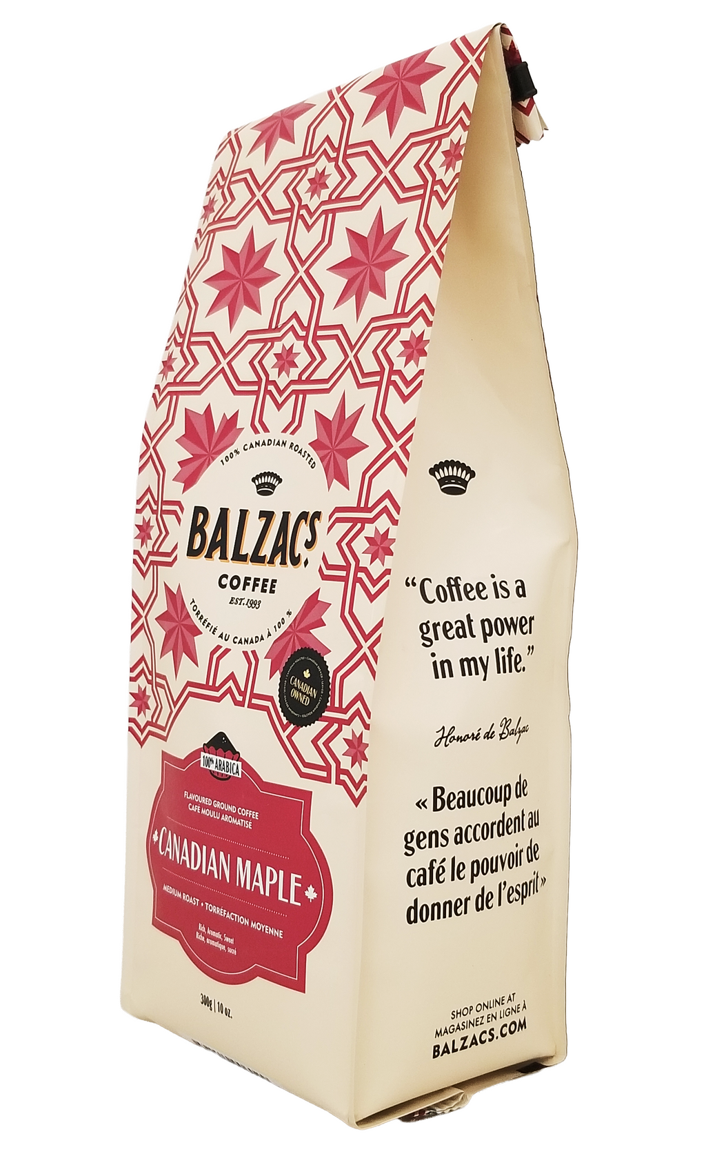 Balzac's Coffee 100% Arabica Medium Roast Ground Coffee, Canadian Maple Flavor - 300g bag with red star pattern and text on a white background