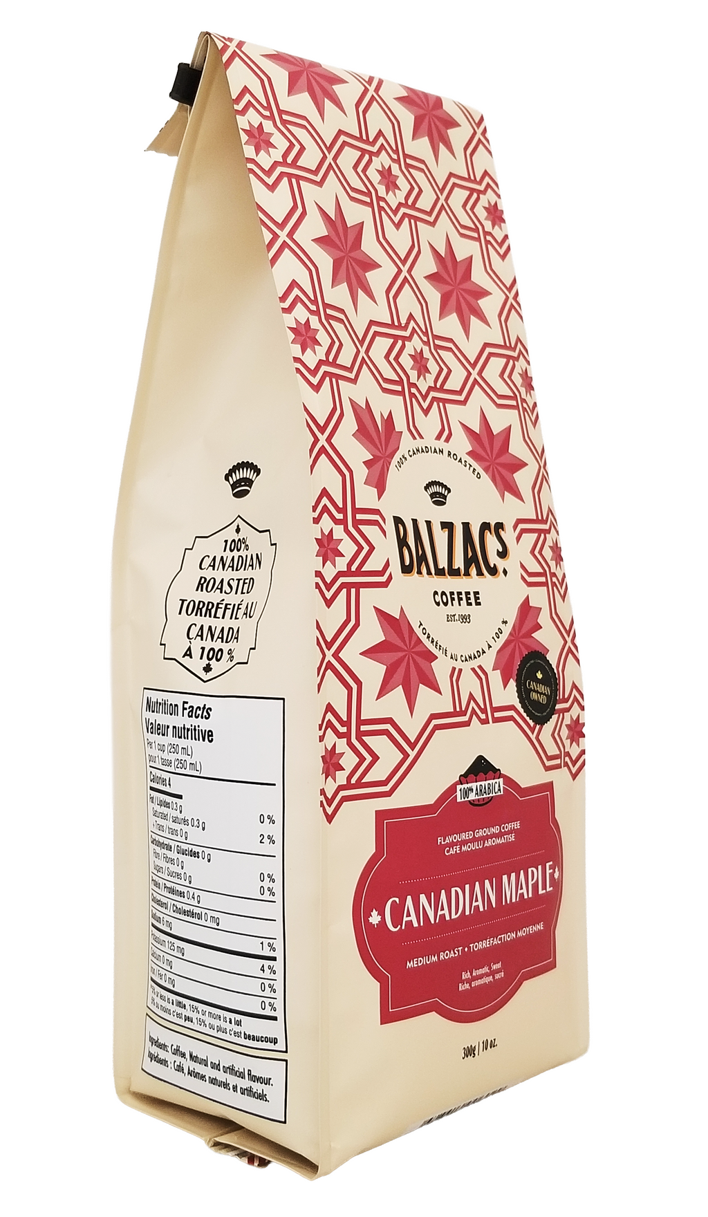 Balzac's Coffee 100% Arabica Medium Roast Ground Coffee, Canadian Maple Flavor - 300g bag with red and beige design on a white background