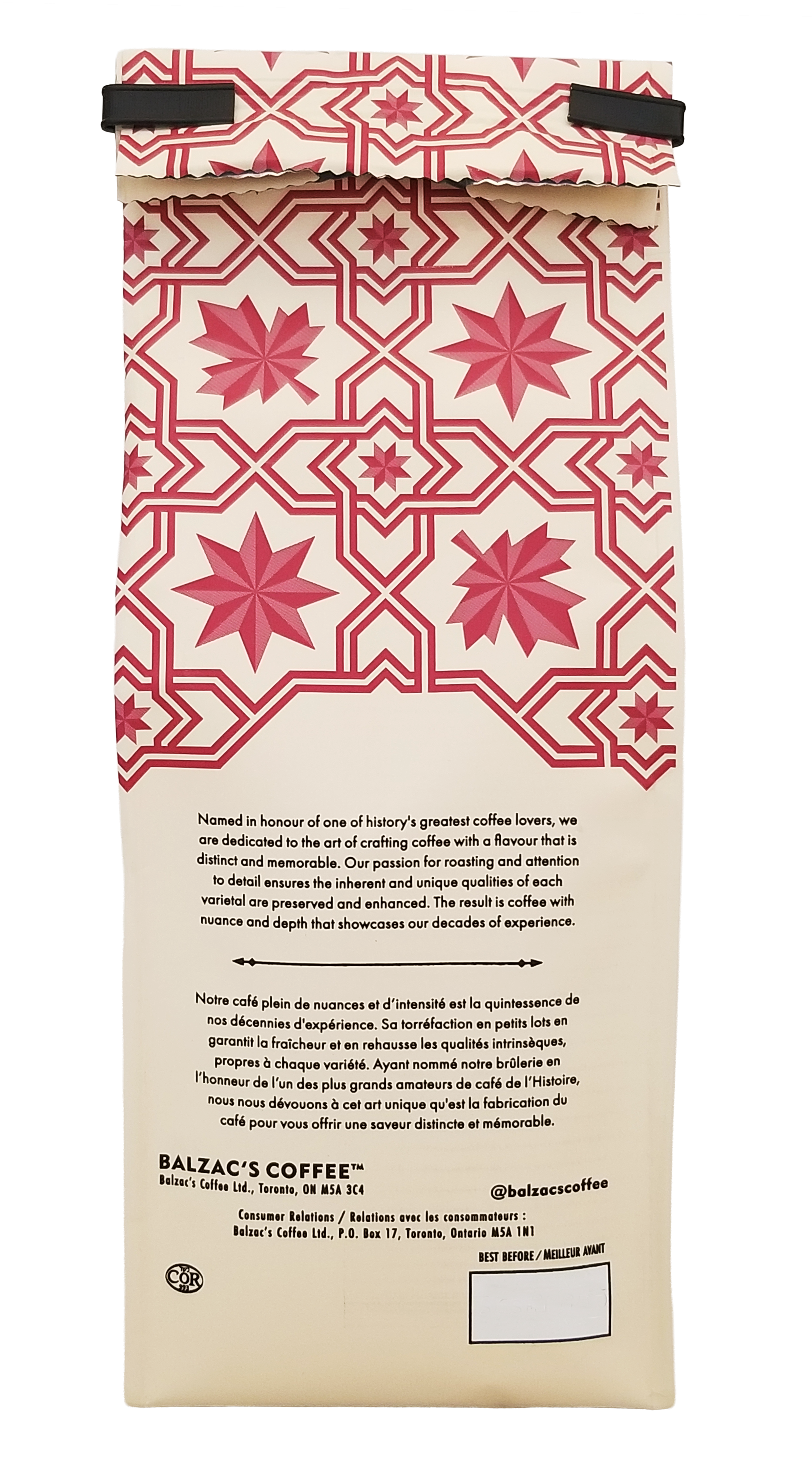 Balzac's Coffee 100% Arabica Medium Roast Ground Coffee, Canadian Maple Flavor - 300g packaging with red geometric pattern and text on a white background