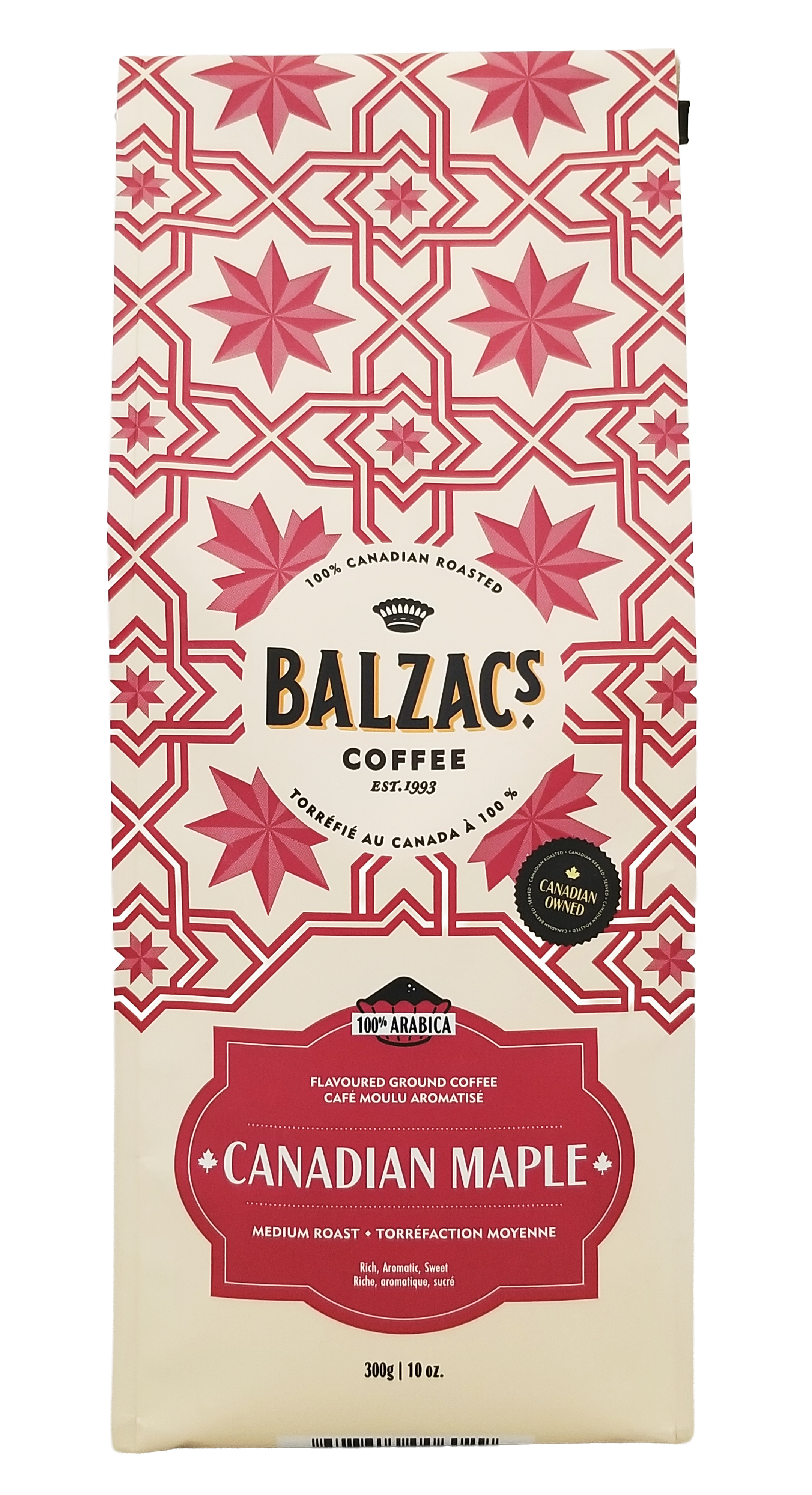 Balzac's Coffee 100% Arabica Medium Roast Ground Coffee, Canadian Maple Flavor - 300g packaging with red and white design on a white background