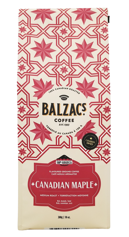 Balzac's Coffee 100% Arabica Medium Roast Ground Coffee, Canadian Maple Flavor - 300g packaging with red and white design on a white background