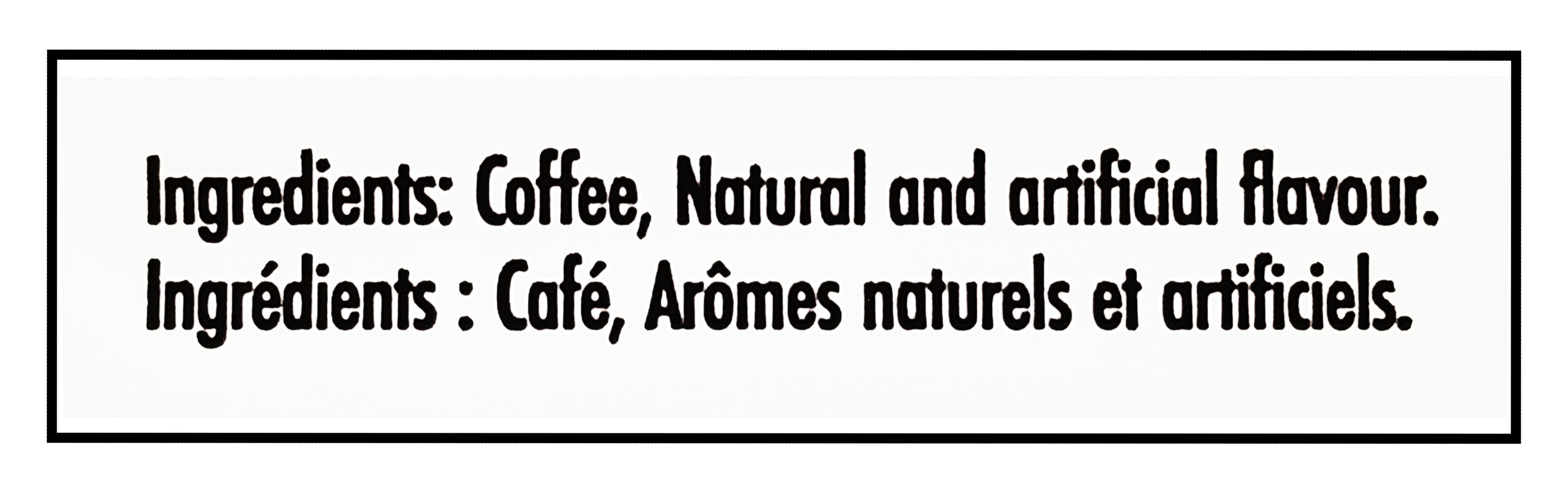 Ingredients label for Balzac's Coffee 100% Arabica Medium Roast Ground Coffee, Canadian Maple Flavor - 300g with natural and artificial flavor.