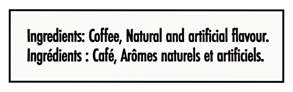 Ingredients label for Balzac's Coffee 100% Arabica Medium Roast Ground Coffee, Canadian Maple Flavor - 300g with natural and artificial flavor.