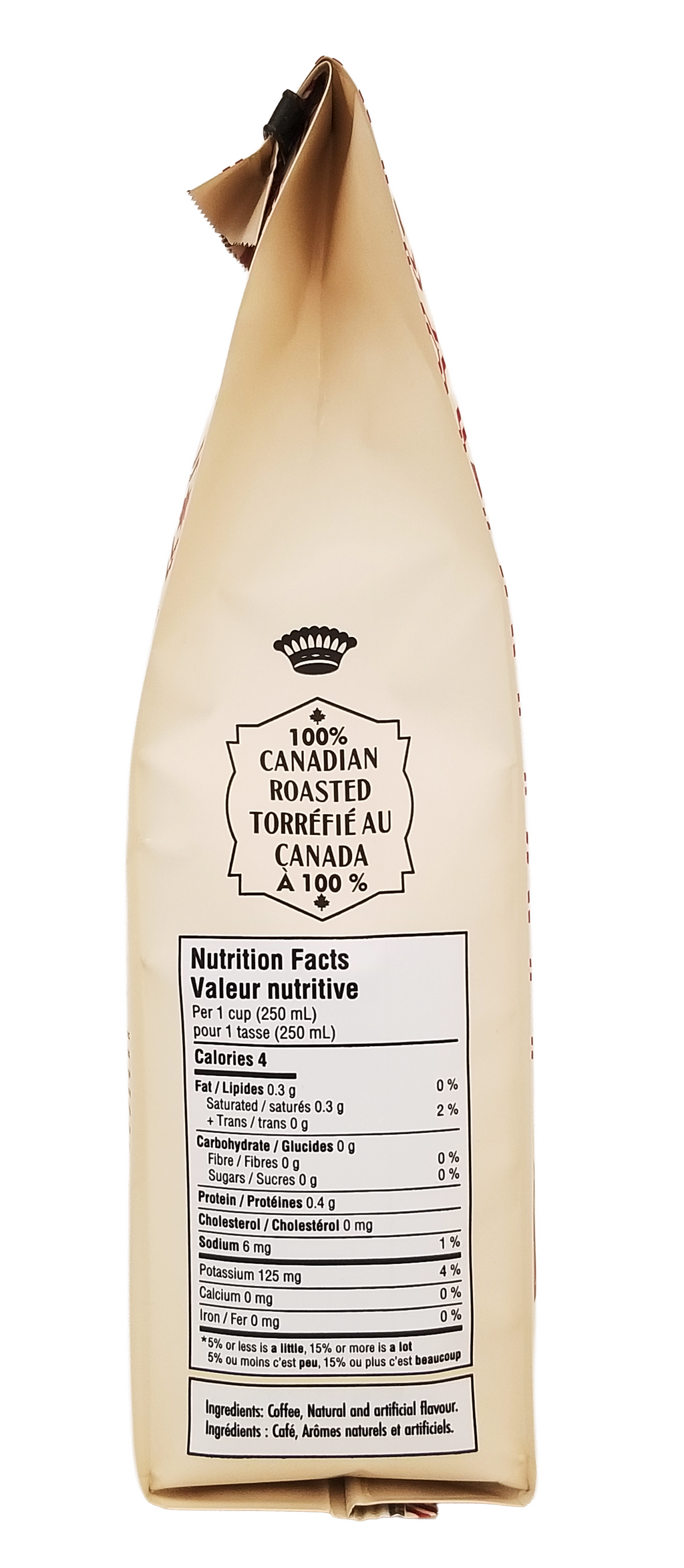 Balzac's Coffee 100% Arabica Medium Roast Ground Coffee, Canadian Maple Flavor - 300g bag with nutritional information on a white background
