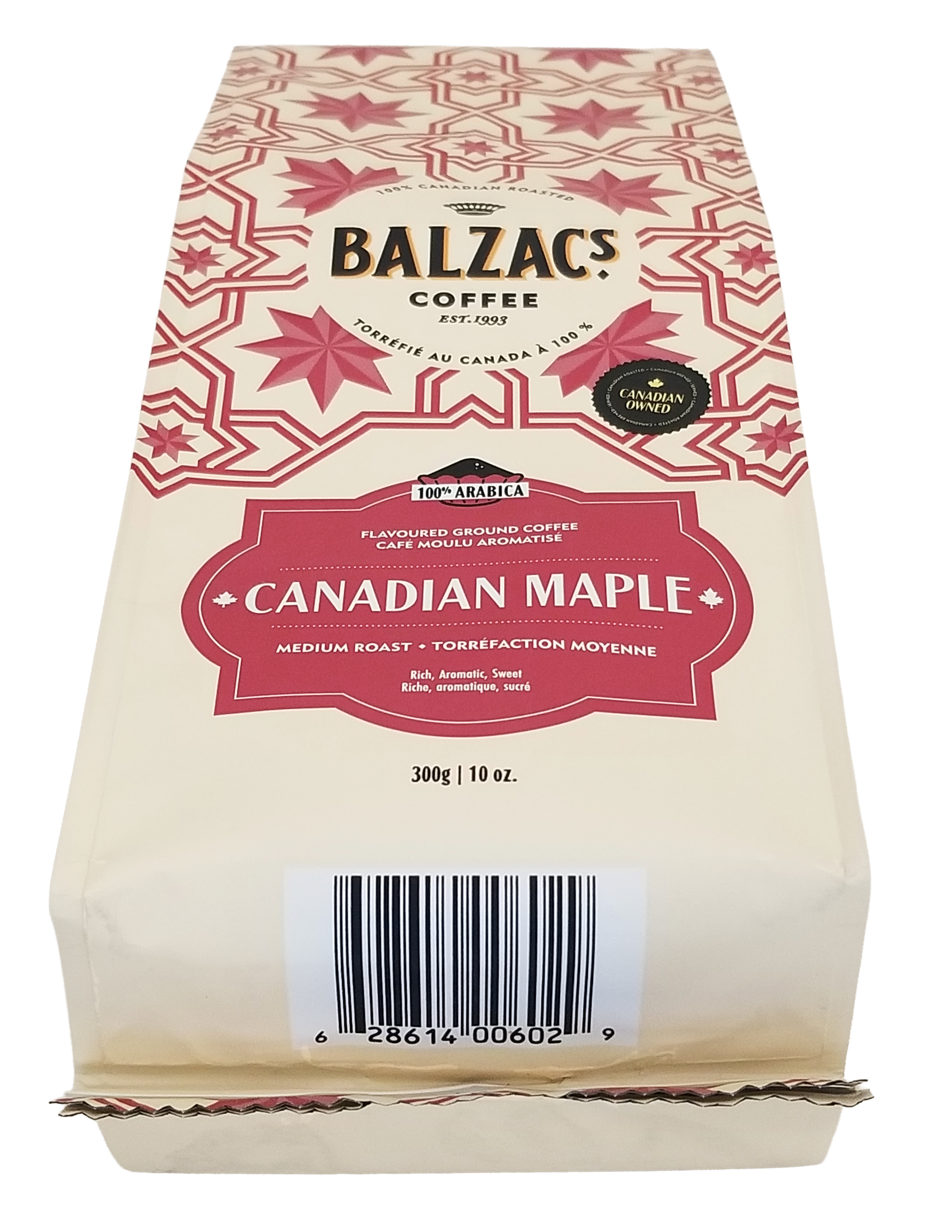 Balzac's Coffee 100% Arabica Medium Roast Ground Coffee, Canadian Maple Flavor - 300g Canadian Maple package on a white background