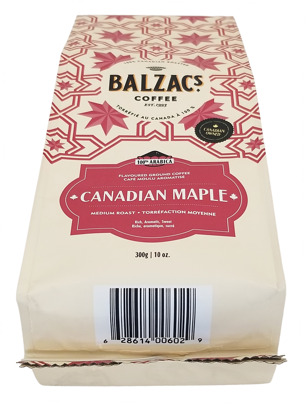 Balzac's Coffee 100% Arabica Medium Roast Ground Coffee, Canadian Maple Flavor - 300g Canadian Maple package on a white background