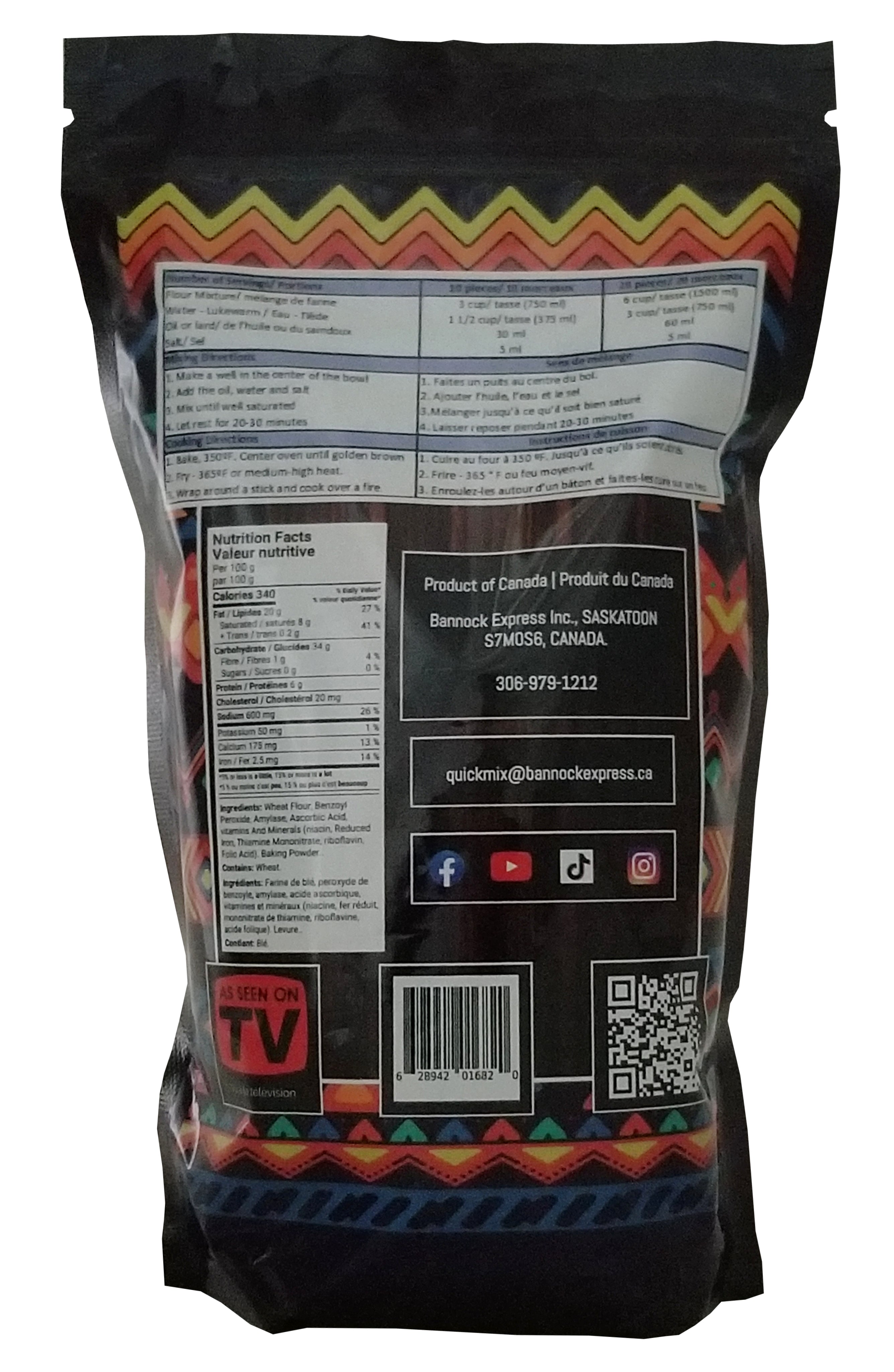 Back of bag of Bannock Express Pahkwesikan Bannock Mix , 1kg/35.2 oz