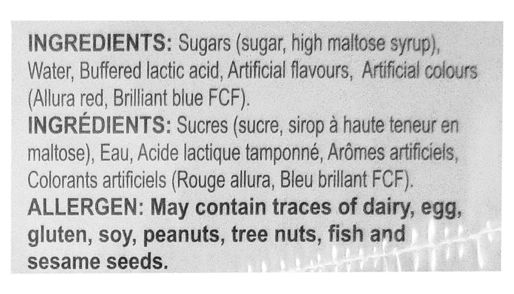 Barbie Laser Pop, ingredients label