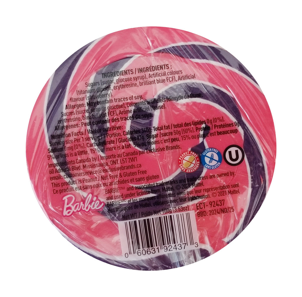 Exclusive Brands, Barbie, Jumbo Swirly Lollipop, Strawberry Flavor, 100g/3.53 oz. {Imported from Canada}