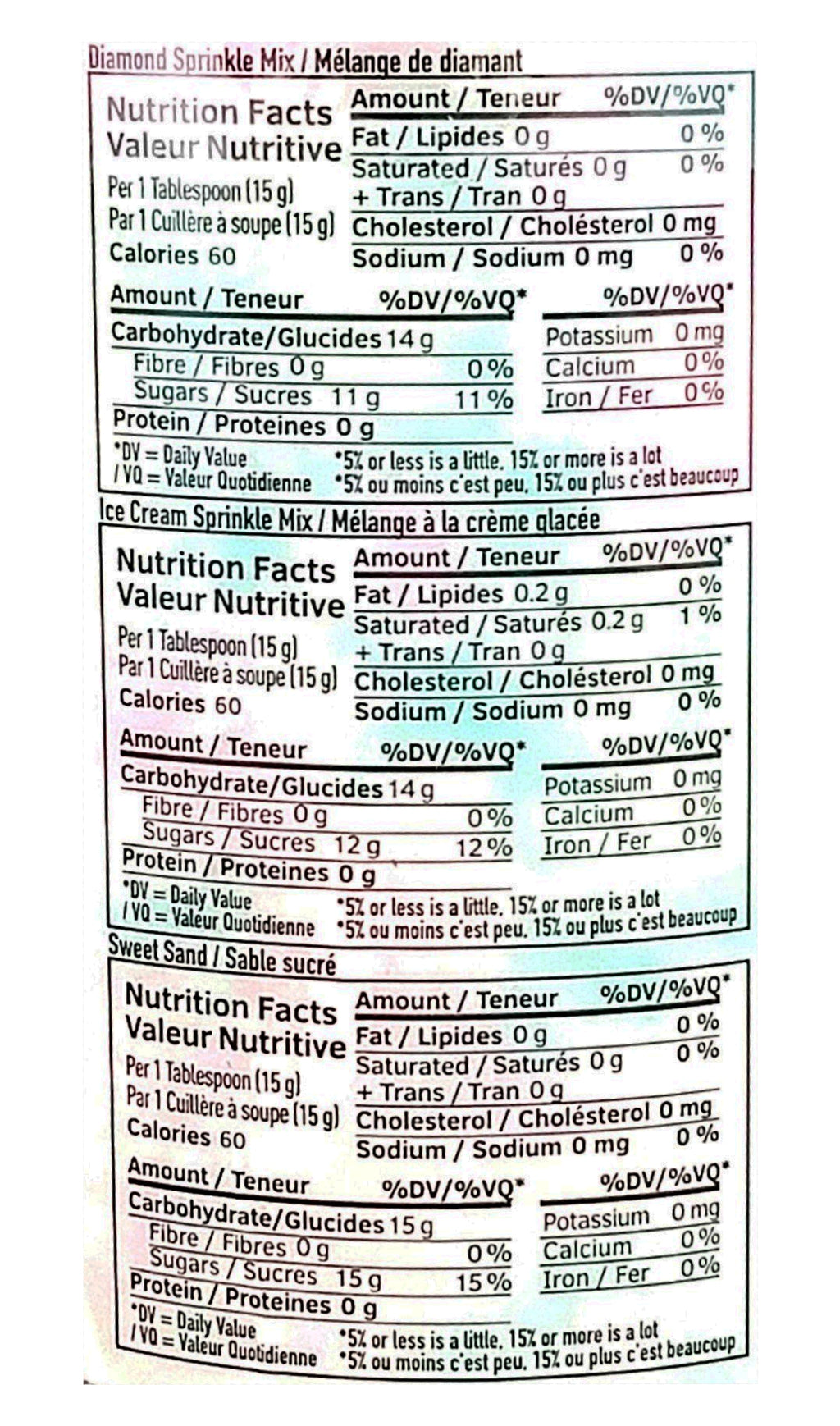 Barbie Sprinkle Mix, 210g, nutrition label.