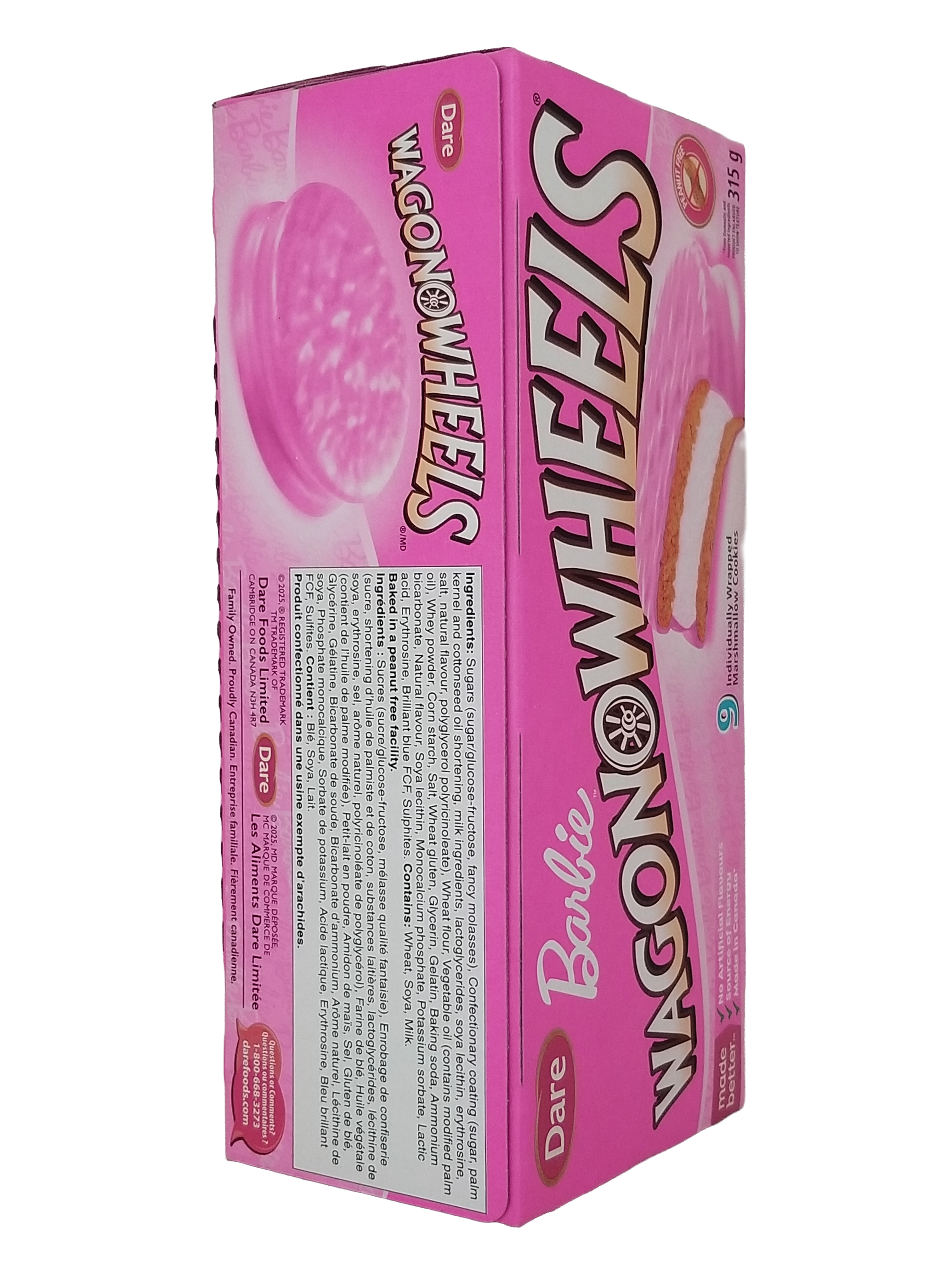 Pink box of Wagon Wheels Barbie cookies on a white background