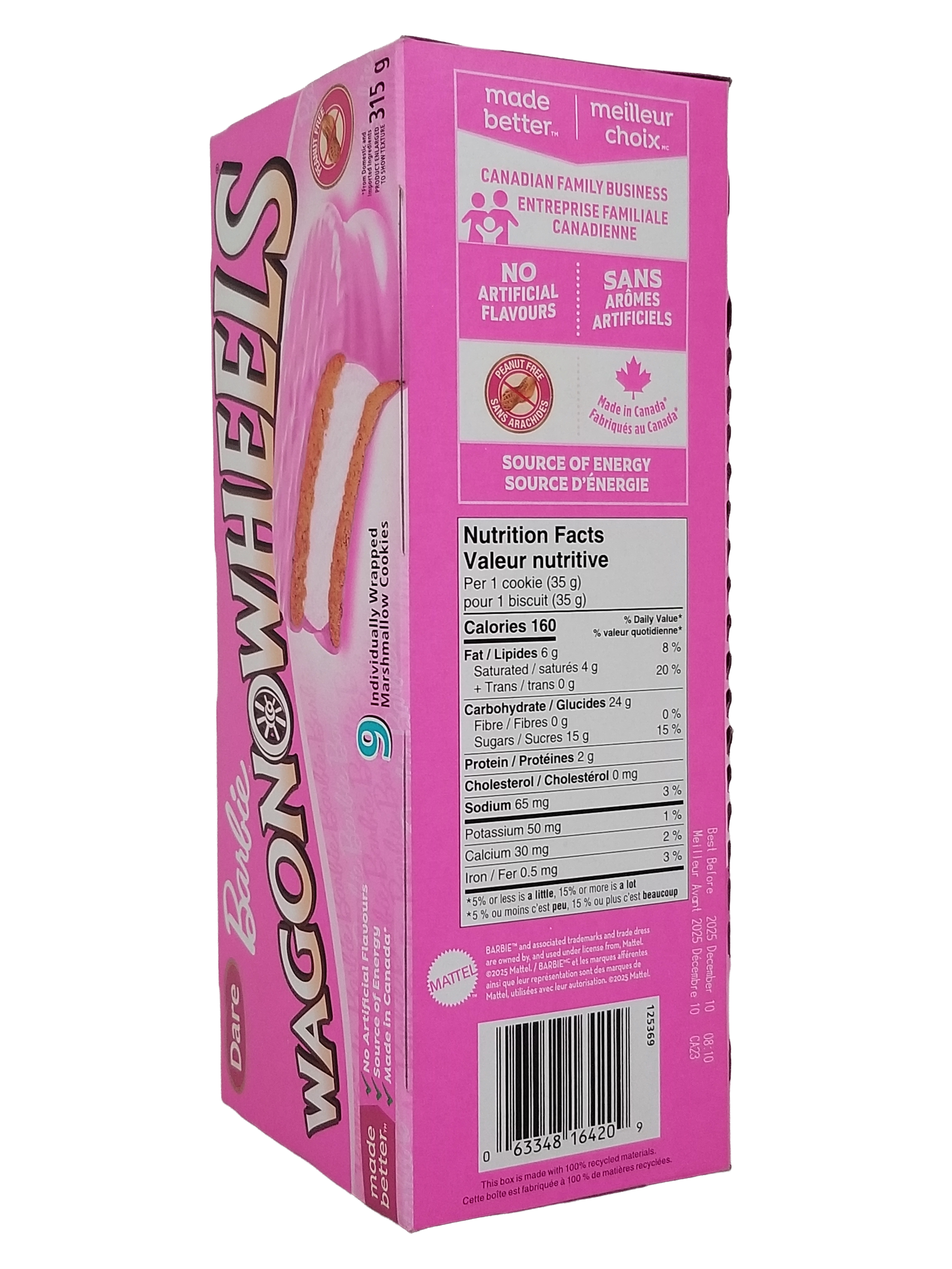 Pink box of Wagon Wheels with nutritional information on a white background