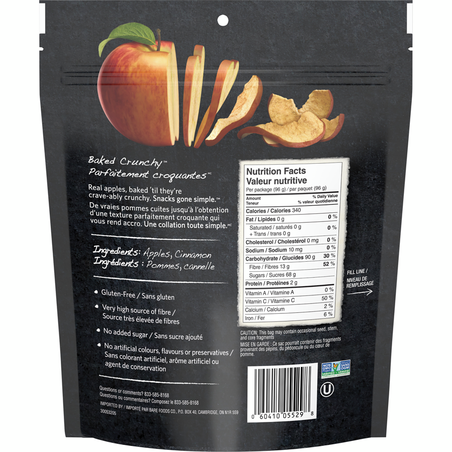 Bare Baked Crunchy Cinnamon Apple Chips – 96g (3.36 oz) Bag Back Side