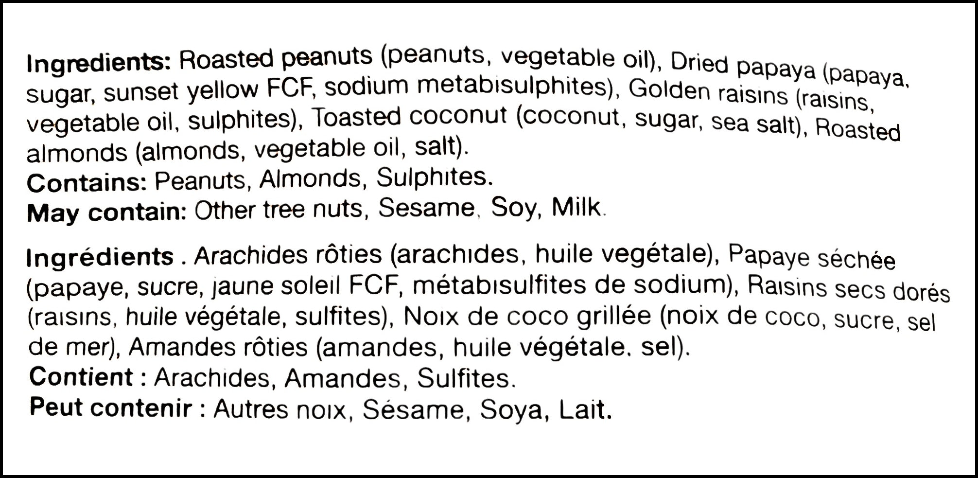 Ingredients label of Basse Coconut Mix, 510g/18 oz., Bag