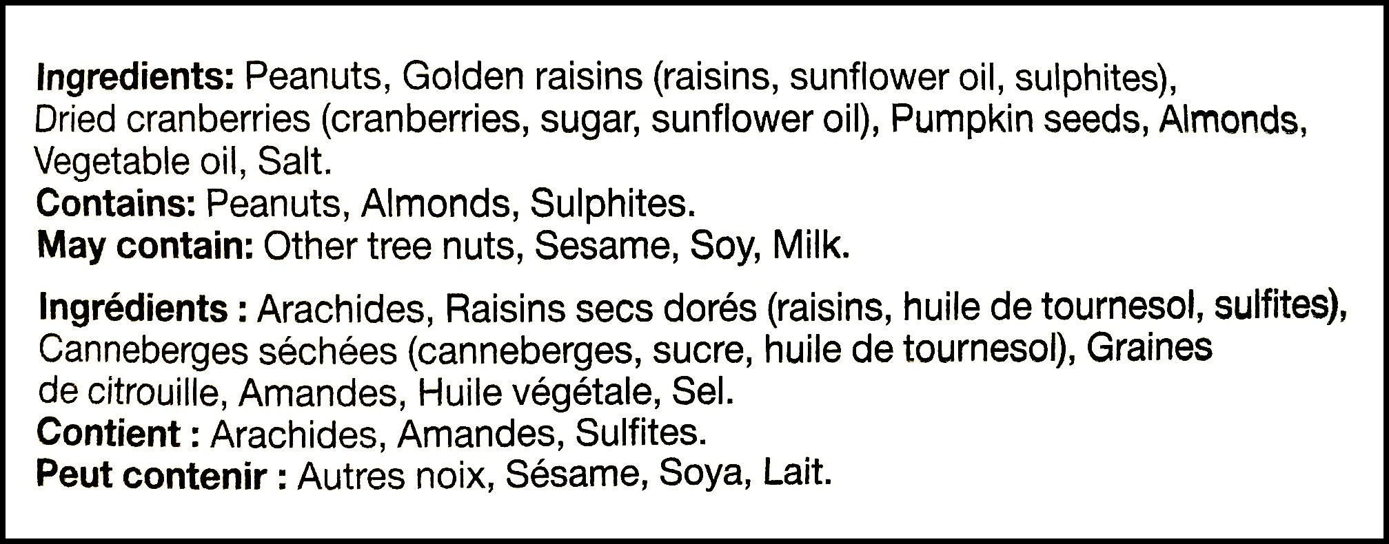 Ingredients label of Basse Cranberry Trek Mix, 550g/19.4 oz., Bag