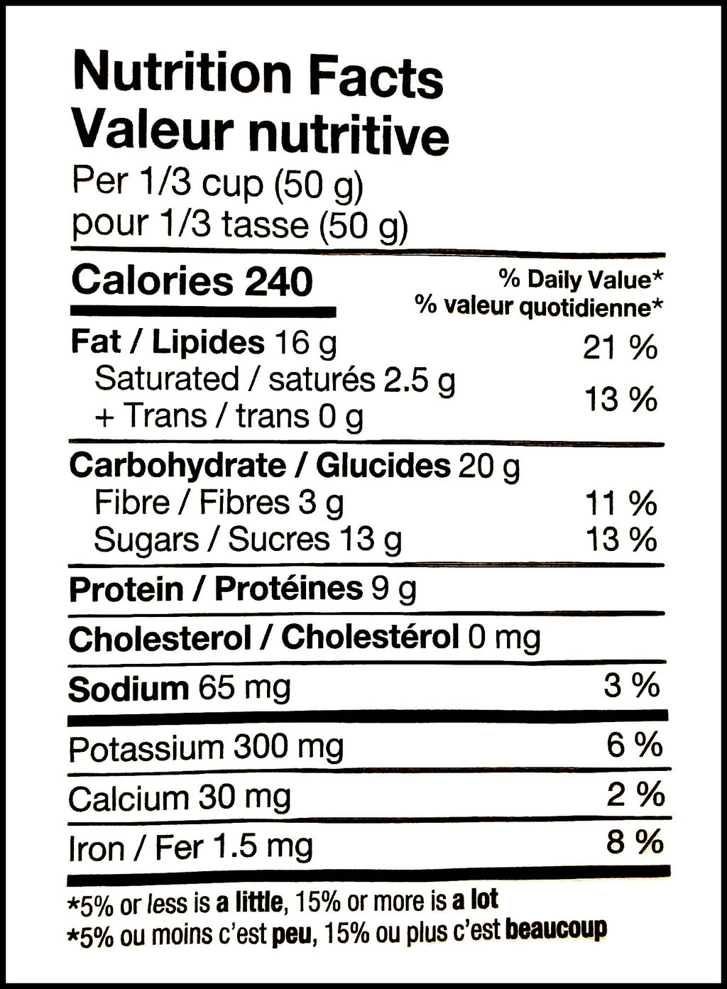 Nutrition facts label of Basse Cranberry Trek Mix, 550g/19.4 oz., Bag