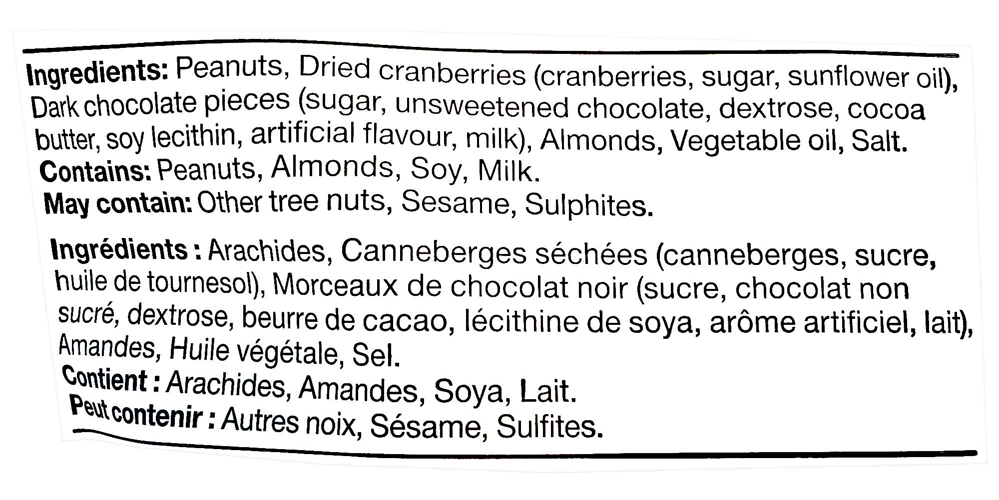 Basse Dark Chocolate Cranberry Mix, 480g, ingredients label.