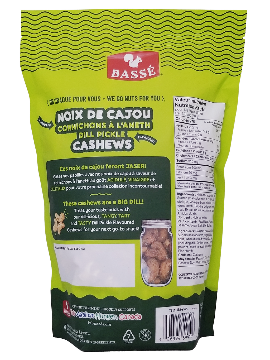 Basse Dill Pickle Cashews, 908g packaging with green and black design