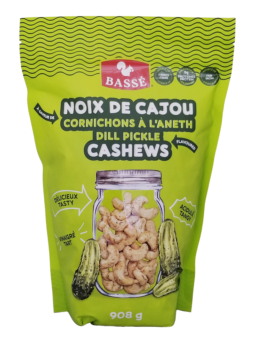 Green package of Basse Dill Pickle Cashews, 908g on a white background