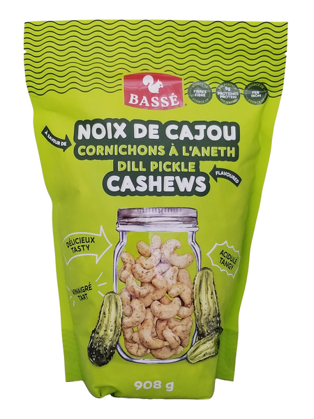 Green package of Basse Dill Pickle Cashews, 908g on a white background