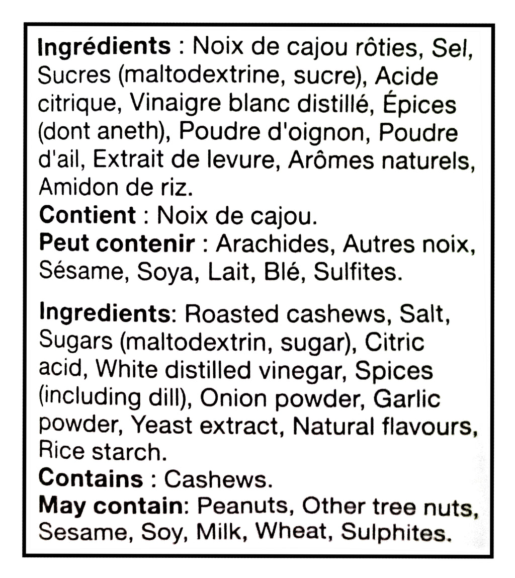 Ingredients list for Basse Dill Pickle Cashews, 908g in French and English.