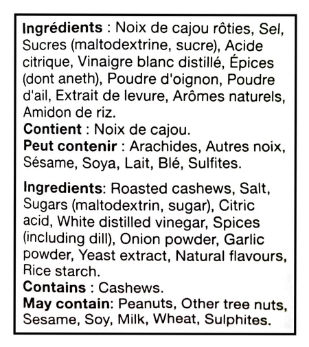 Ingredients list for Basse Dill Pickle Cashews, 908g in French and English.